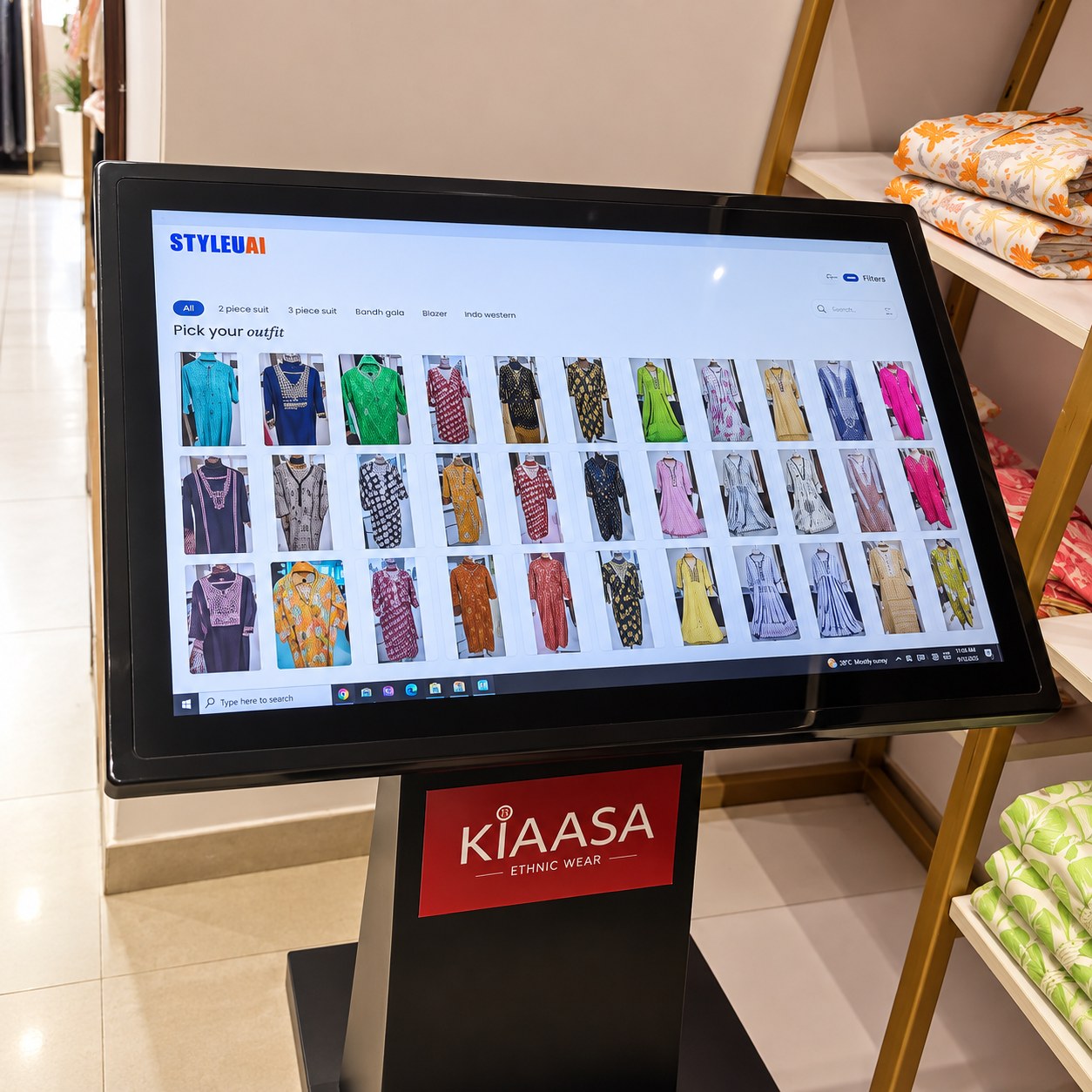 Counter screen running StyleUAI Any Screen TryOn in a live store, floor stock and QR on screen
